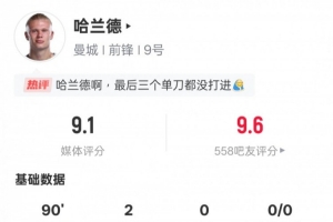 哈兰德本场数据：2进球2错失进球机会2解围，评分9.1全场最高