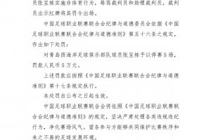 重罚！中足联官方：张呈栋辱骂裁判禁赛五场，罚款五万