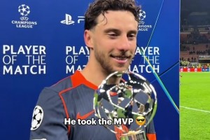 拼命三郎！国米大将奥古斯托领取欧冠单场MVP奖杯